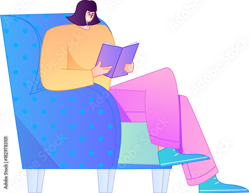 Vector flat gradient illustration of a character reading a book.
