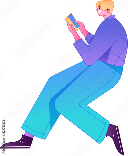 Vector flat gradient illustration of a character reading a book.
