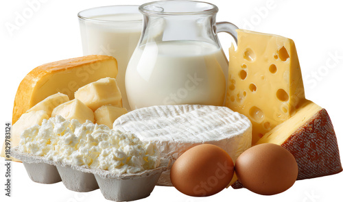 Creamy dairy selection milk cheese butter eggs, fresh wholesome nutrition concept