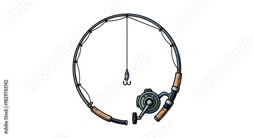 Artistic portrayal of a fishing rod forming a circular composition, highlighting the angling lure