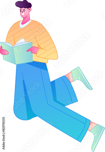 Vector flat gradient illustration of a character reading a book.
