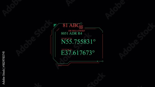 Wallpaper Mural Futuristic HUD Interface with Glitching GPS Coordinates Animation. Torontodigital.ca