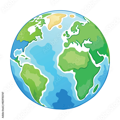 Colorful cartoon-style Earth globe with bright blue oceans and green continents, smooth gradients, soft shadows, clean vector look