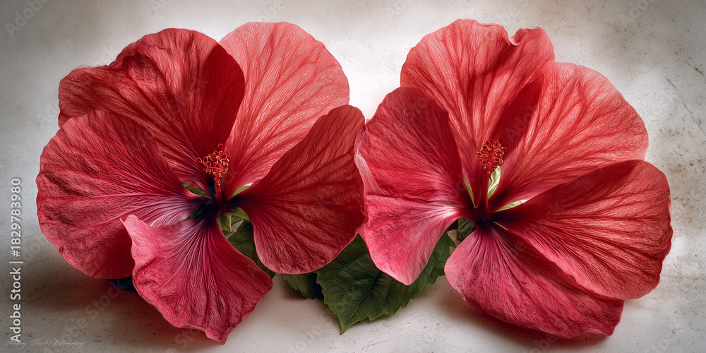 Obraz premium Red hibiscus flowers with green leaves on textured background 