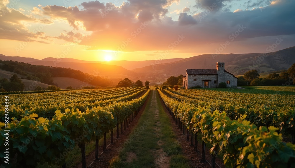 Fototapeta premium Golden sunset light illuminates vast vineyard with long rows of grapevines leading towards stone farm house. Mountains frame peaceful scenic wine region landscape. Warm colors fill sky. Beautiful