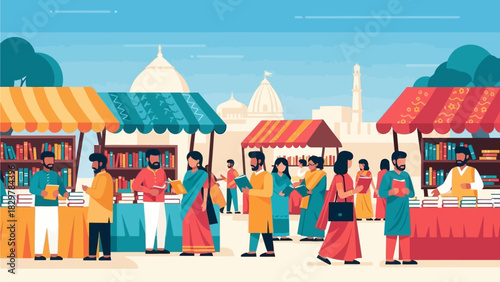 This flat design illustration depicts a lively open-air book market at an Indian literature festival, filled with diverse attendees browsing publications.