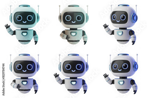 Cute friendly robot character collection waving and smiling, isolated isolated on transparent background