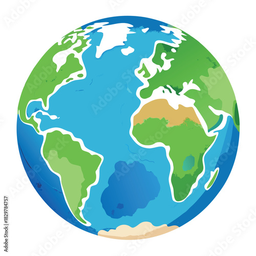 Colorful cartoon-style Earth globe with bright blue oceans and green continents, smooth gradients, soft shadows, clean vector look