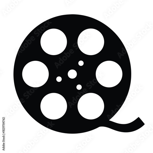Film reel illustration in black and white depicting cinema industry elements