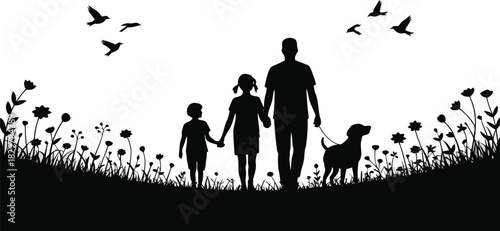 Father and two children walk hand in hand with their dog through a field of wildflowers