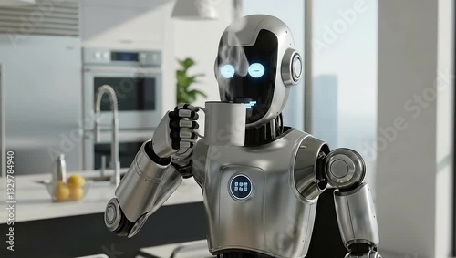 A robot enjoying a moment, taking a drink in a modern kitchen setting