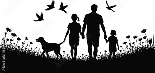 Father holding hands with his two children and their dog in a serene natural setting