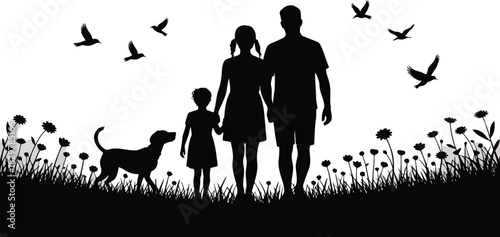 Father with his children and their canine companion enjoying a lovely walk outdoors