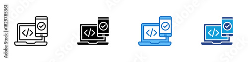 Usability Test Multiple Style Icon Design Vector - Laptop and mobile device showing interface elements representing product evaluation and user testing