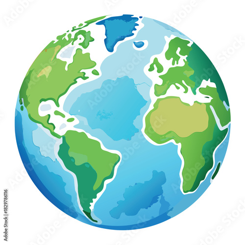 Colorful cartoon-style Earth globe with bright blue oceans and green continents, smooth gradients, soft shadows, clean vector look