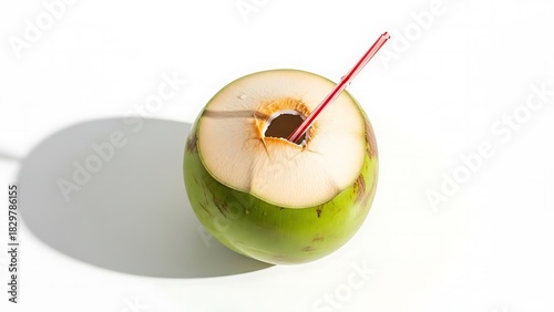 Fresh green coconut with red straw ready for drinking tropical beverage