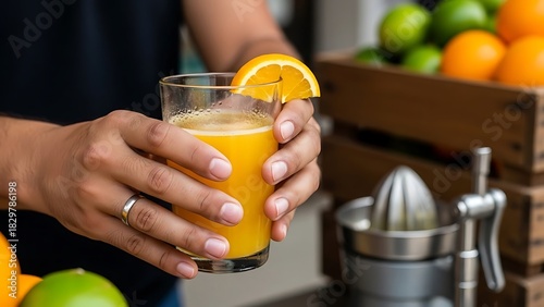 Man holding glass of fresh orange juice with citrus slice garnish