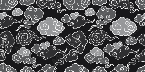 Grayscale Asian Cloud Seamless Pattern Background. Dark Japanese and Chinese Style Vector Wallpaper in Black and White.