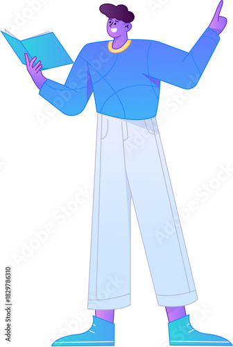 Vector flat gradient illustration of a character reading a book.
