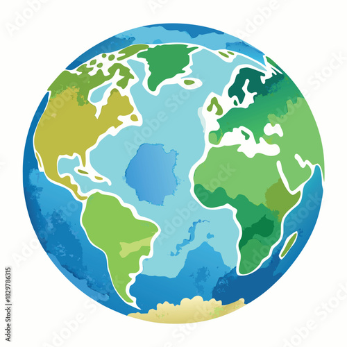 Colorful cartoon-style Earth globe with bright blue oceans and green continents, smooth gradients, soft shadows, clean vector look