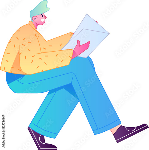 Vector flat gradient illustration of a character reading a book.
