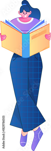 Vector flat gradient illustration of a character reading a book.
