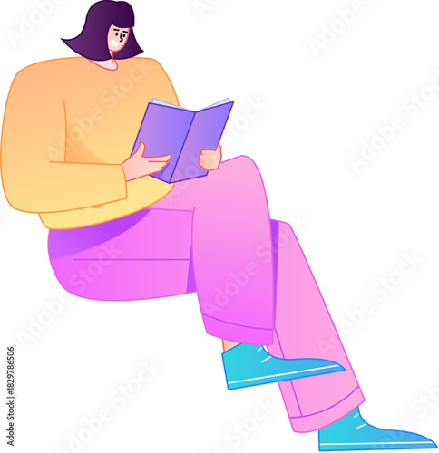 Vector flat gradient illustration of a character reading a book.
