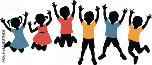 Five cheerful children with black silhouettes wearing bright shirts joyfully jump into the air together