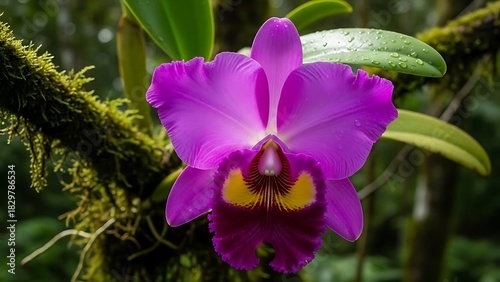 Vibrant purple orchid with yellow center and water droplets