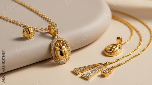 Elegant gold necklaces with scarab beetle and initial pendants adorned