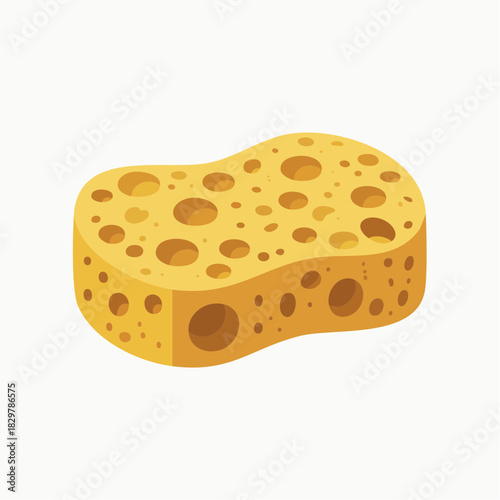Cartoon illustration of a yellow porous cleaning sponge with an irregular shape and many holes on a white background.