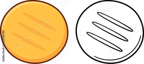 Arepa, traditional corn flatbread in  Colombia and Venezuela. Black and white line icon and color cartoon drawing. Simple vector clip art illustration.