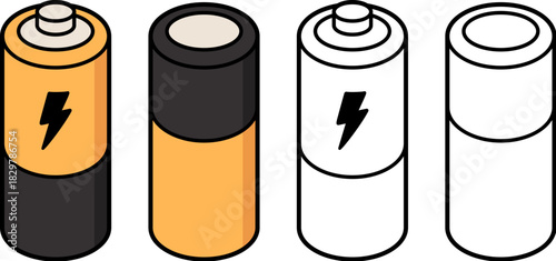 Alkaline AA batteries set, color and black and white line art. Simple cartoon style icon. Isolated vector clipart illustration.