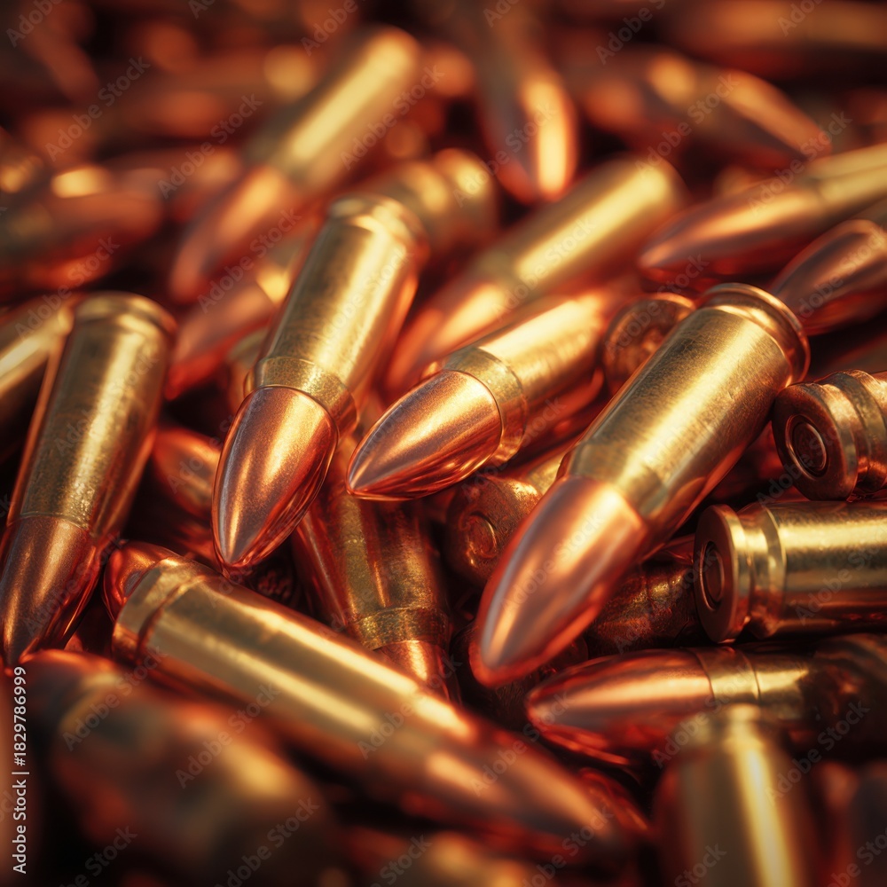 Naklejka premium Pile of shiny metallic ammunition cartridges