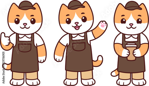 Cute cartoon barista cat mascot set. Coffee shop worker character in uniform holding coffee cup, waving, thumbs up. Vector clip art illustration.
