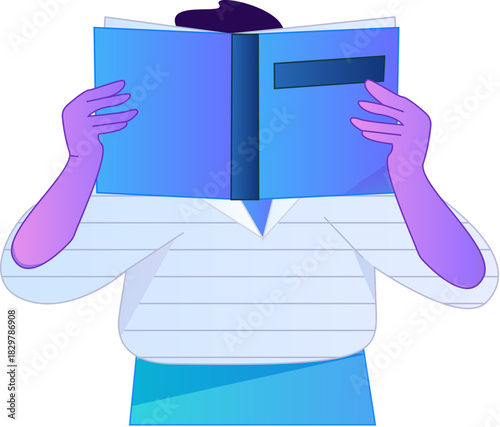 Vector flat gradient illustration of a character reading a book.
