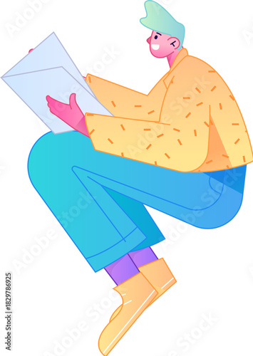Vector flat gradient illustration of a character reading a book.
