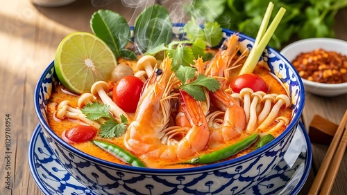 Hot steaming tom yum goong soup with shrimp and lime garnish