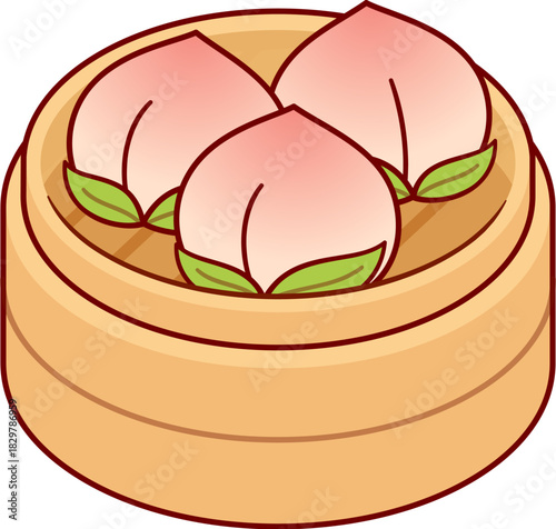 Shoutao, Longevity Peach Buns drawing. Traditional Chinese baozi in bamboo steaming basket. Vector illustration.