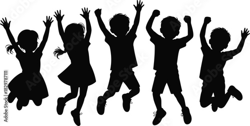Five happy children black silhouettes are energetically leaping high into the air with their hands up
