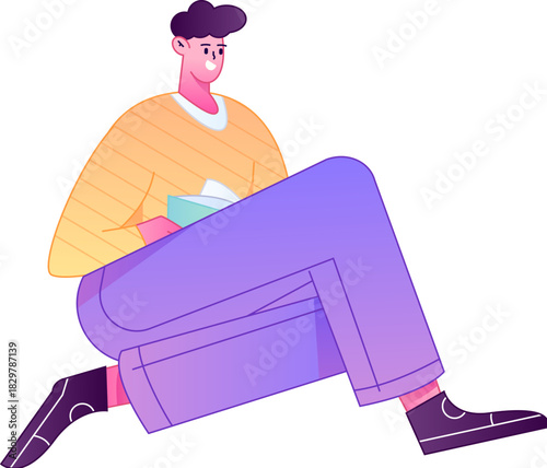 Vector flat gradient illustration of a character reading a book.
