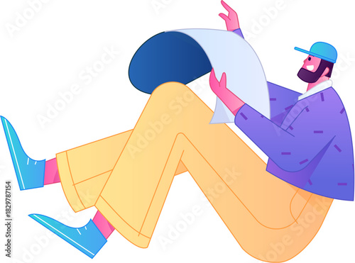 Vector flat gradient illustration of a character reading a book.
