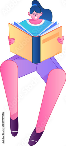 Vector flat gradient illustration of a character reading a book.
