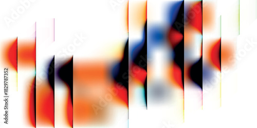 Abstract composition with vertical lines slicing through blurred colorful shapes on a white background.