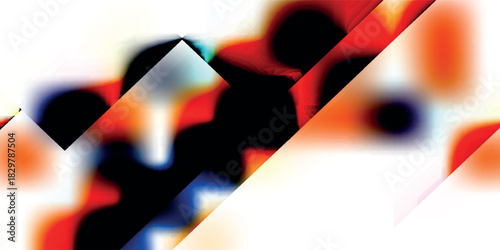 Abstract digital art with vibrant red and blue blurred shapes intersected by sharp black geometric forms on a white background.