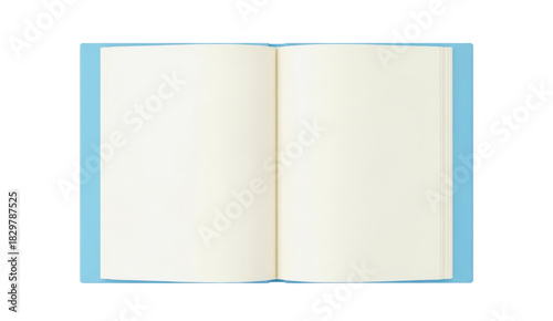 Top View of Open Blank Notebook Mockup with Light Blue Cover and Cream Pages Isolated