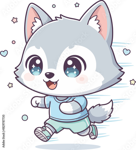 Fast running chibi wolf with tiny sneakers, short legs moving quickly, happy energetic face, simplified dynamic motion, pastel sporty vector art
