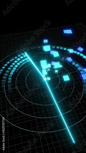 Futuristic geometric echo wave pulse radar scanning animation across an infinite dark blank field creating a dynamic visual background digital, data visualization, conceptual