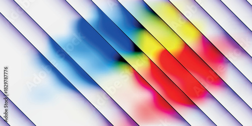 A vibrant abstract background featuring colorful watercolor splashes of blue, yellow, and red behind diagonal white stripes.