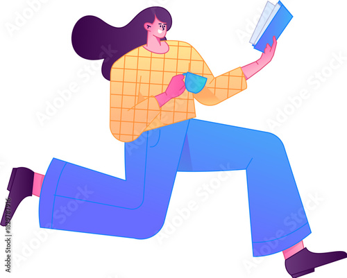 Vector flat gradient illustration of a character reading a book.

